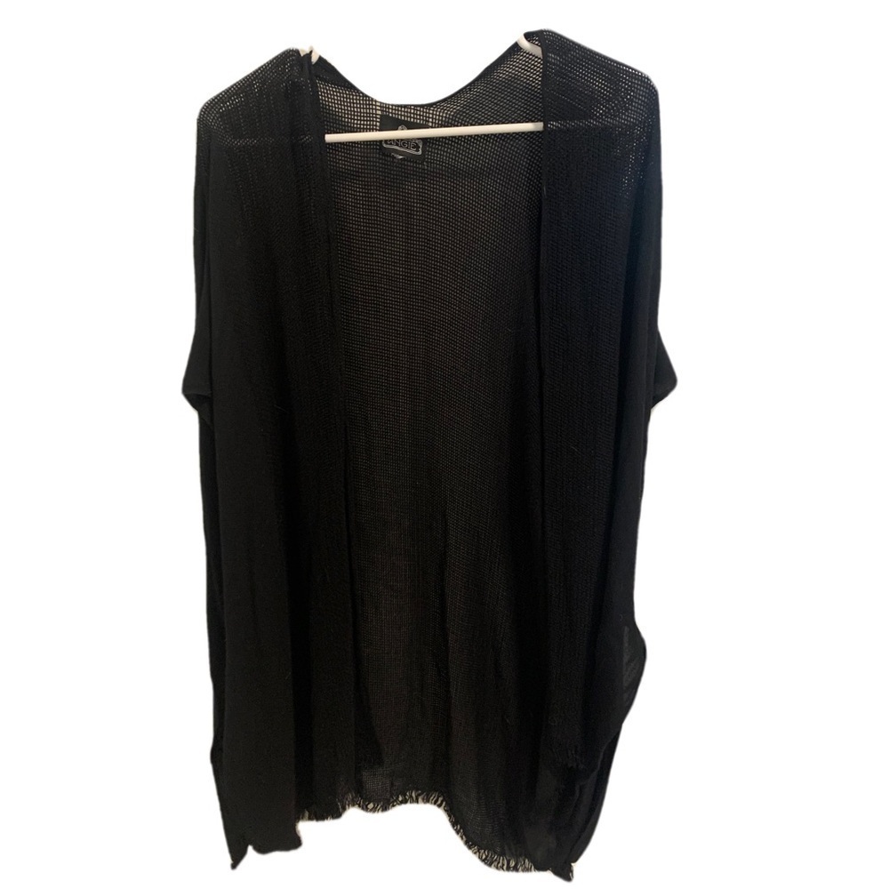Angie Black Mesh Fringe Open Cardigan Kimono One Size Beach Cover Up